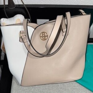 Badgley Mischka Tan and White Tote Bags Structured Design